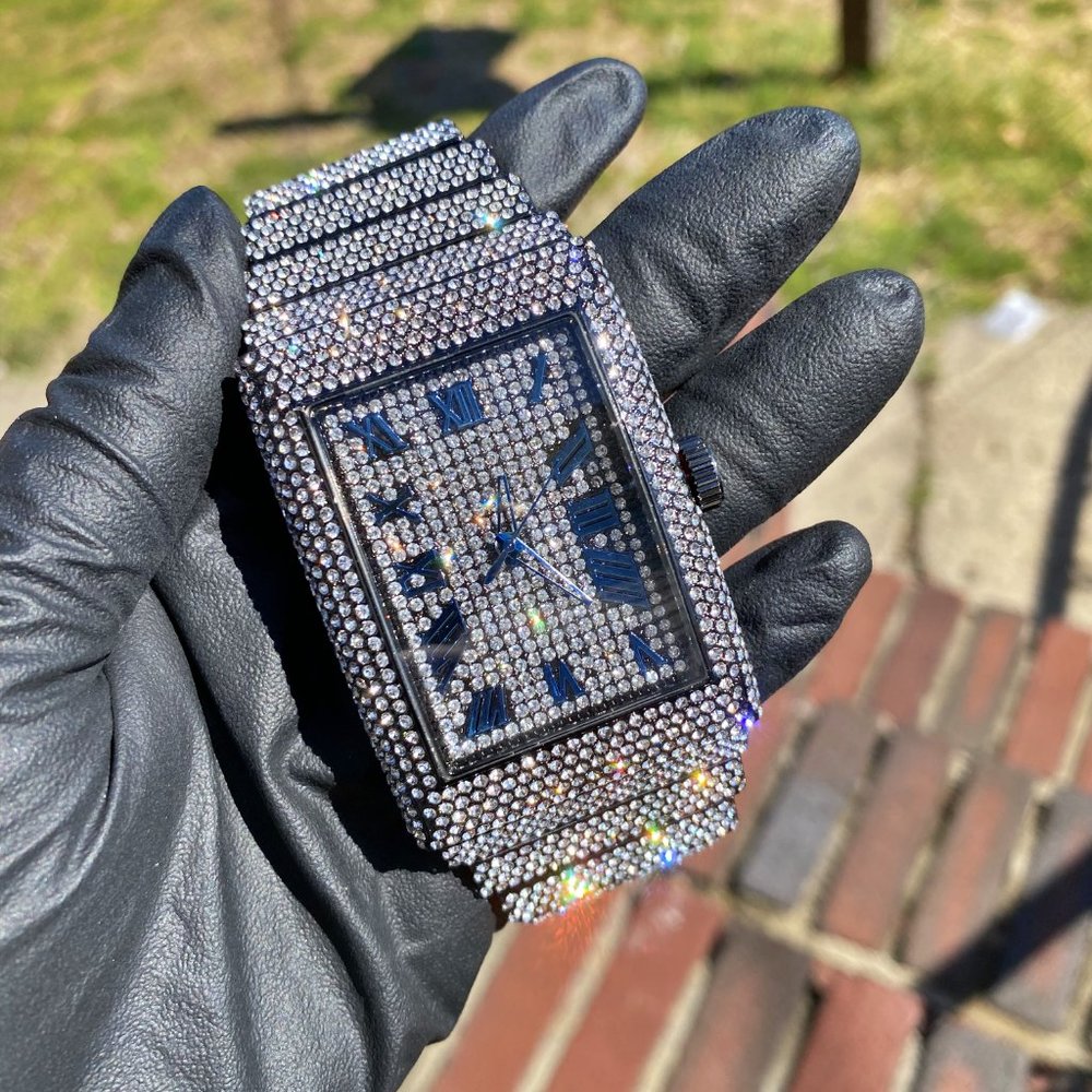 Full Iced Gold PT/ White Gold PT Hip Hop Rectangle Luxury Stylish Quartz Watch - Picture 15 of 16